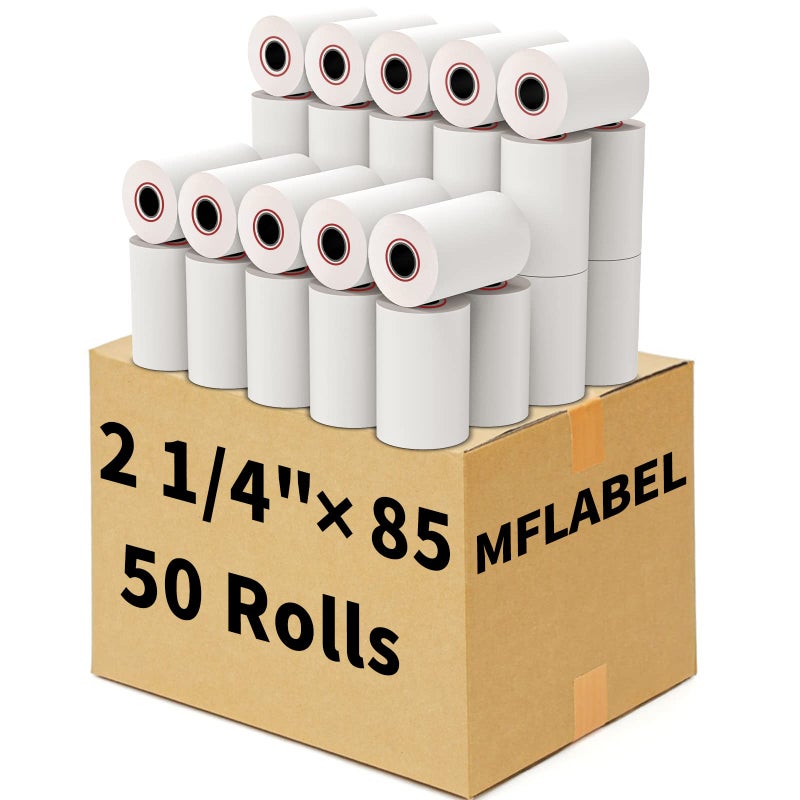MFLABELÂ® 50 Rolls Thermal Paper (2 1/4" x 85') - POS Receipt Rolls for Cash Register, Credit Card Terminal, Square Reader, Clover & More | High-Sensitivity 48g Thermal Paper, BPA-Free, Sharp Print - Image 1